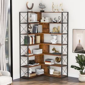 7-Tier Bookcase Home Office Bookshelf, L-Shaped Corner Bookcase with Metal Frame, Industrial Style Shelf with Open Storage, MDF Board (Color: Brown)