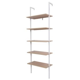 5-Shelf Wood Ladder Bookcase with Metal Frame Industrial 5-Tier Modern Ladder Shelf (Color: Walnut and White Frame)