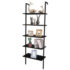 5-Shelf Wood Ladder Bookcase with Metal Frame Industrial 5-Tier Modern Ladder Shelf (Color: Dark Walnut and Black Frame)